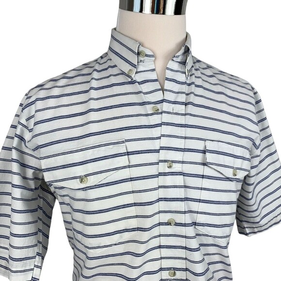 Roper Cotton Western Men M 15 1/2 Slim Fitted Short Sleeve White w/ Navy Stripes - Picture 2 of 8